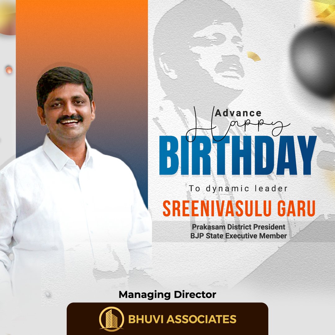 BhuviAssociates's tweet photo. We wish a very happy birthday in advance to our dynamic leader, the BJP🌷 State Executive Member, Prakasam District BJP President, and beloved Managing Director of Bhuvi Associates - Mr. S Sreenivasulu garu

#BhuviAssociates #HappyBirthday #Advance #SirasanagandlaSrinivasulu #HBD https://t.co/vERyYBpyUD