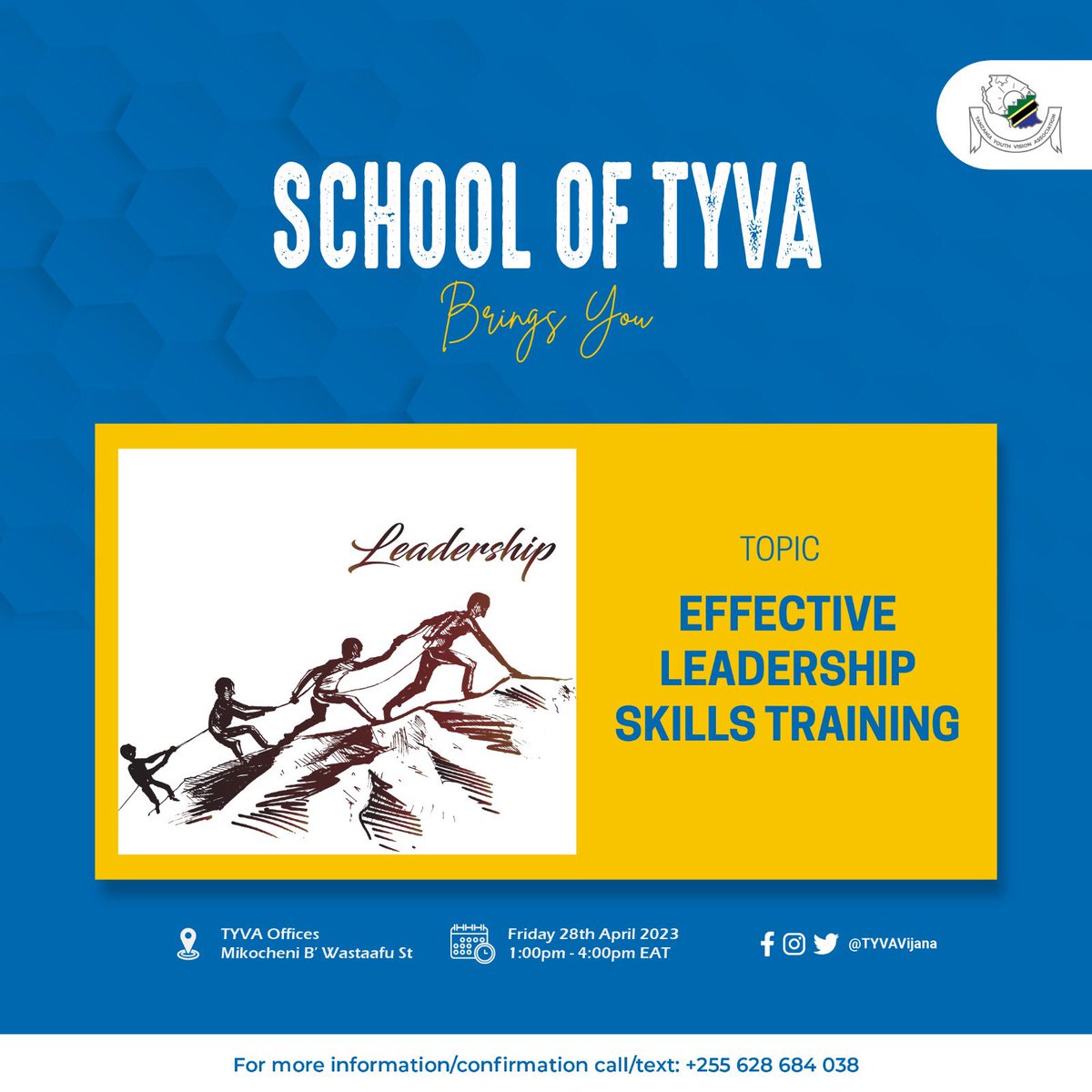 TYVAvijana's tweet photo. Greetings #VijanaMakini
The #SchoolOfTYVA is back lads. To participate please confirm through the contacts details on the poster.
Karibuni…! https://t.co/KUk4U8qJrr