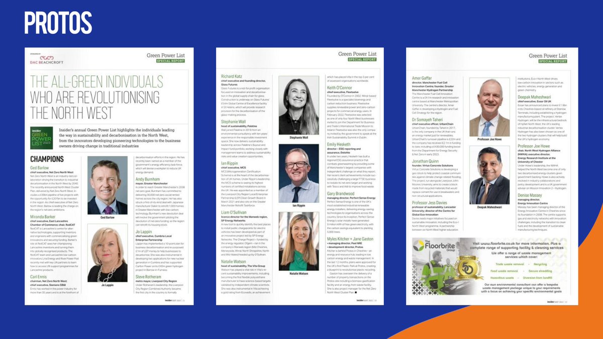 ThisIsProtos's tweet image. Peel NRE Managing Director @MylesKitcher &amp;amp; Protos Development Director @JaneMGaston have made the @insidermedia Green Power List 2023 for their contributions towards sustainability &amp;amp; decarbonisation in the North West 👏🏼👏🏼

#greenpowerlist2023 #netzero #sustainability @PeelLandP