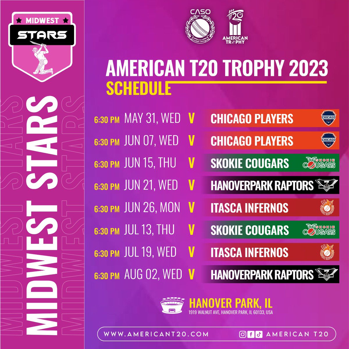 AmericanT20's tweet photo. Follow your team @MidwestStars 

#SkokieCougars || #ItascaInfernos || #ChicagoPlayersClub || #HanoverParkRaptors || #MidwestStars

#AmericanT20 #TeamCASO #ChicagoCricket #USACricket #MidwestCricket #AT20 #CASOCricketLeague https://t.co/pOqO9LoBts