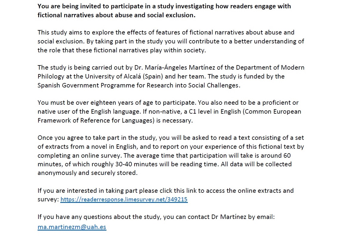 Calling fiction readers! Invitation to participate in a study about how readers engage with fiction about abuse and social exclusion Run by Dr. Marían Martínez, Victoria Pöhls & @AiliseBulfin of @UCD_English Details: readerresponse.limesurvey.net/349215