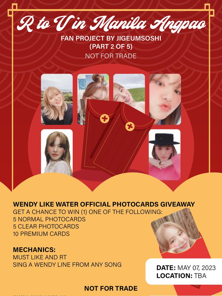 jigeumsoshi's tweet photo. PART 2 OF 5

Details:
- MUST RT AND LIKE
- To claim, find me and sing a Wendy line (any Red Velvet song or Wendy Solo)
- Angpao's will be given randomly.
- Strictly 1:1

#RtoVinMANILA #WENDY #REDVELVETinMNL2023 #RedVelvet4thConcert_RtoV_inMNL https://t.co/6Ui9wcZtxg