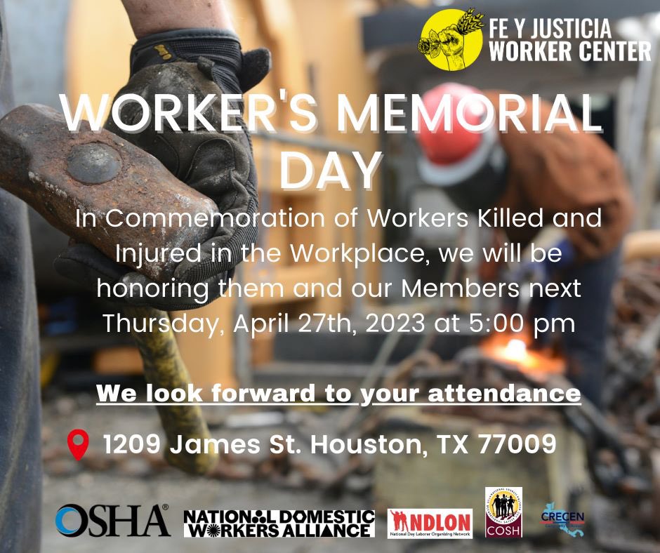 FeyJusticiaWC's tweet photo. Workers Memorial Day @OSHA_DOL @domesticworkers @NDLON @NationalCOSH @crecenhtx https://t.co/XGuctmJEXC
