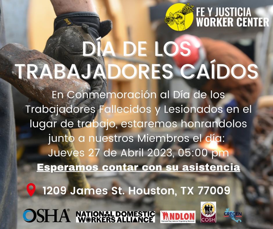 FeyJusticiaWC's tweet photo. Workers Memorial Day @OSHA_DOL @domesticworkers @NDLON @NationalCOSH @crecenhtx https://t.co/XGuctmJEXC