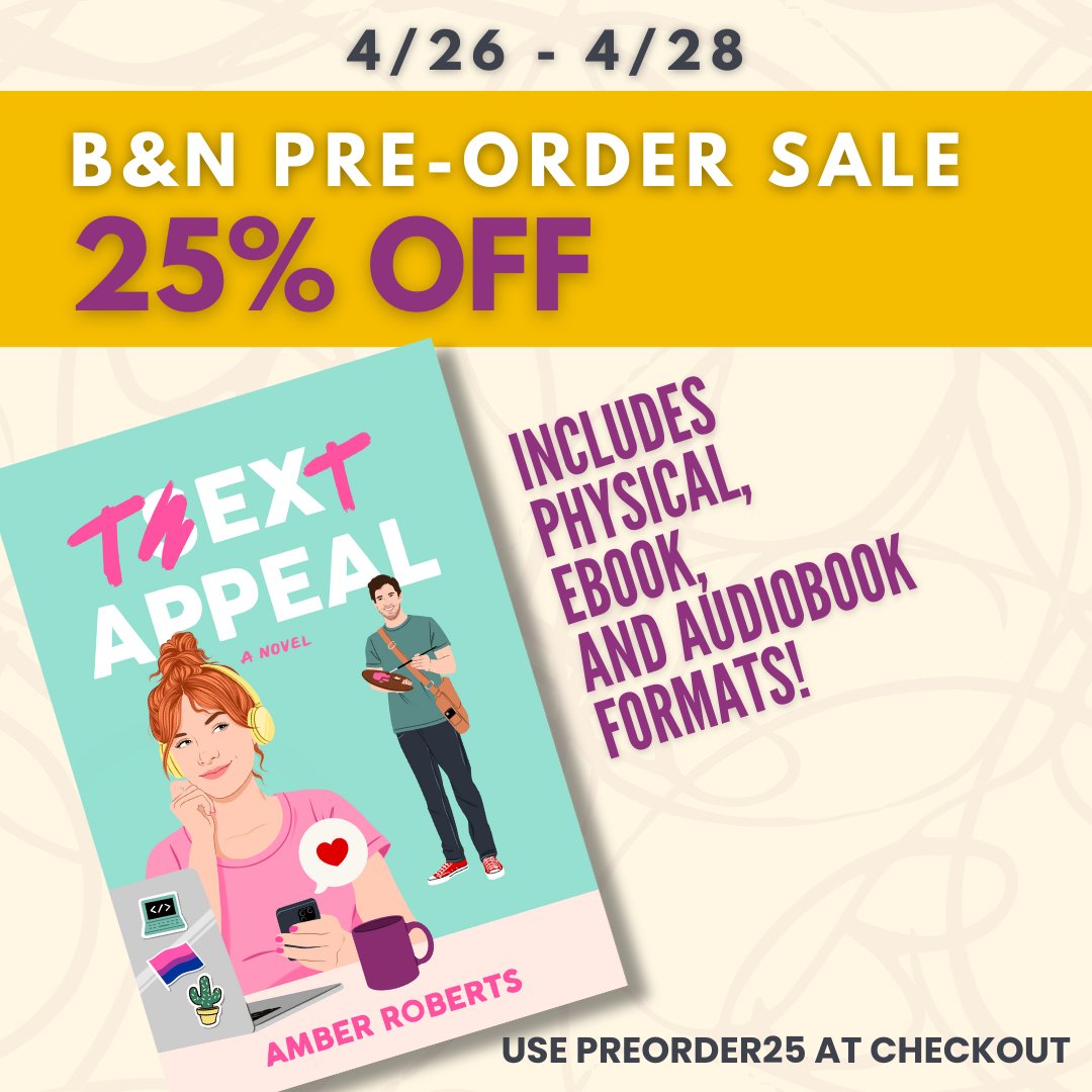 The B&N Pre-Order Sale is here again! Use PREORDER25 at checkout and 📚 stack your TBR pile📚 for the rest of the year.
TEXT APPEAL qualifies! (Make sure you save your receipt for pre-order goodies🎁) barnesandnoble.com/w/text-appeal-…
#2023debuts #bnpreorder25 @2023Debuts