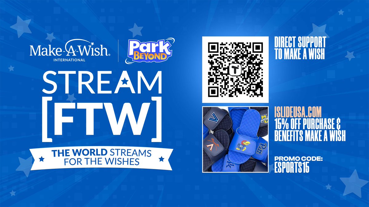 esportstower's tweet photo. Pairing w a purpose!✨Grant wishes & help kids game greater as they fight critical illness around the🌏! @esportstower & @ISlideUSA join @streamftwintl & @parkbeyondgame to raise $$ for @MakeAWishIntl! Use the code today!
#EsportsTower #StreamForTheWishes #StandInWhatYouStandFor https://t.co/ha9Kmpx35r