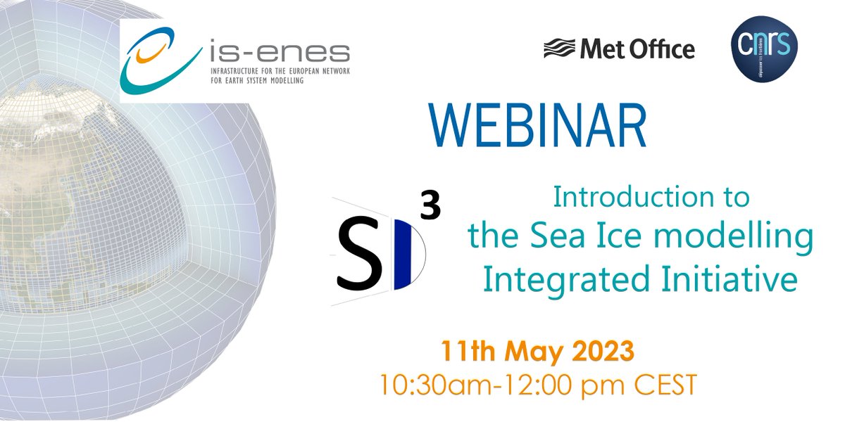 📢IS-ENES3 Webinar: Introduction to SI3, the Sea Ice modelling Integrated Initiative 

Organised by IS-ENES3 with <a href="/metoffice/">Met Office</a> and <a href="/IPSL_outreach/">IPSL 🌍</a> 

On May 11th, 2023 – 10:30am-12 :00pm CEST  

Register here before May 9th : forms.gle/hiR5zEveXr6NkU…