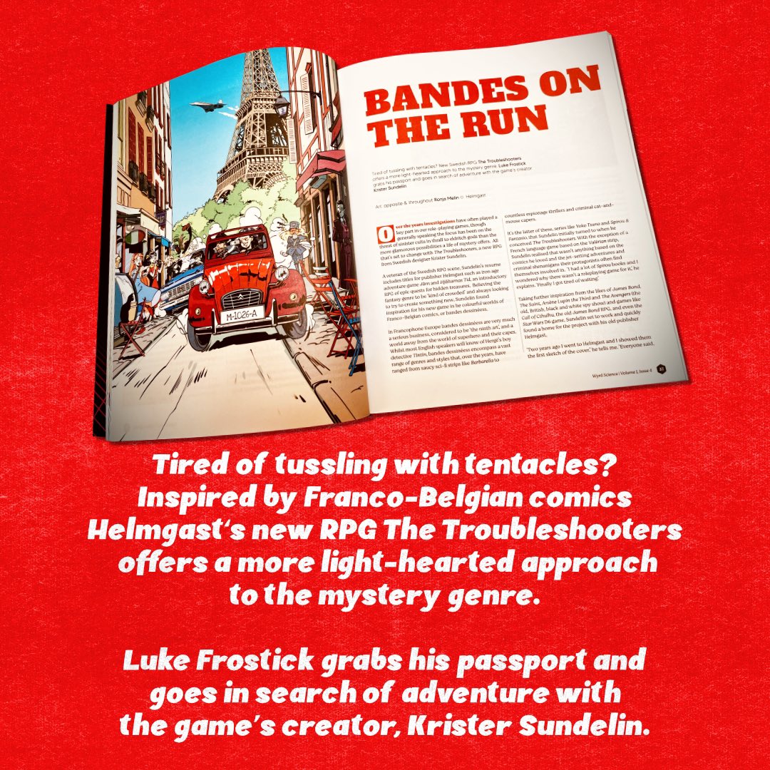 Looking for an RPG filled with mysteries &amp; investigations but had enough of calamari cultists ? 

In our new issue <a href="/Frostickwrites/">luke frostick</a> speaks Krister  Sundelin about his optimistic, colourful, comic inspired game The Troubleshooters (out now via <a href="/Helmgast/">Helmgast</a>)

wyrdscience.online