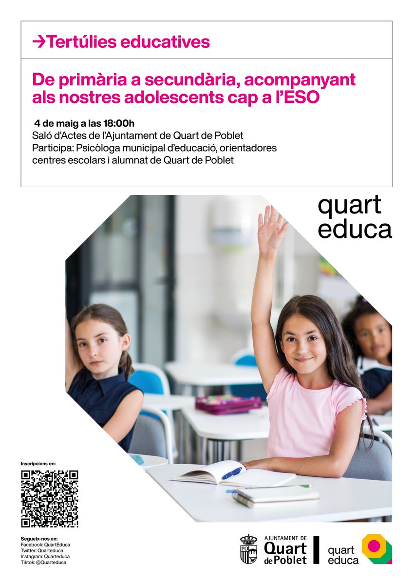 Tertúlia educativa on treballarem sobre la incertesa que provoquen els canvis, i les ferramentes per a una transició a secundària més segura i feliç.  
Dijous 4 de maig en la sala d'actes de l'Ajuntament de #Quartdepoblet a les 18h.
📷Inscripció en forms.office.com/e/emvuv3tyyt