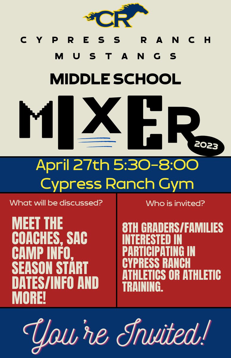 We hope to see all incoming 9th graders, in the CRHS attendance zone, this Thursday! You'll receive all the information you need regarding physicals, RankOne, SAC, and sports camps.   Please note that the location has changed. We will now begin in the CRHS Commons.

#MWT