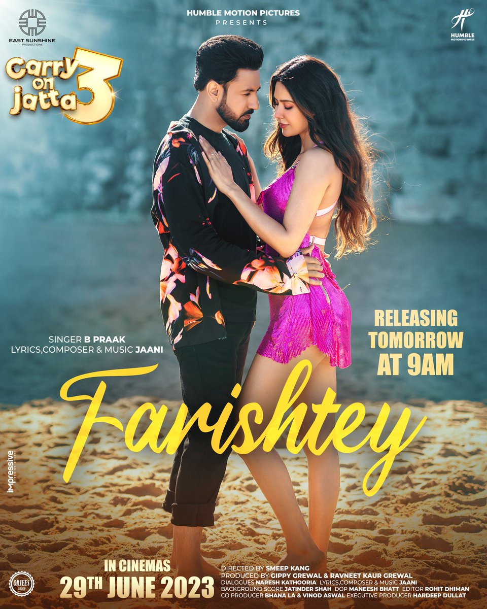CBitssDigital's tweet photo. #Farishtey releasing Tomorrow at 9 am 💕

Singer - @bpraak 
Lyrics,Composer,Music - @yourjaani

#Carryonjatta3 in cinemas on 29th June 2023

@gippygrewal @binnudhillon @bajwasonam @humblemotionpic @GurpreetGhuggi  @CarryOnJattaMov @CBitssDigital https://t.co/gzPLc6rhv6