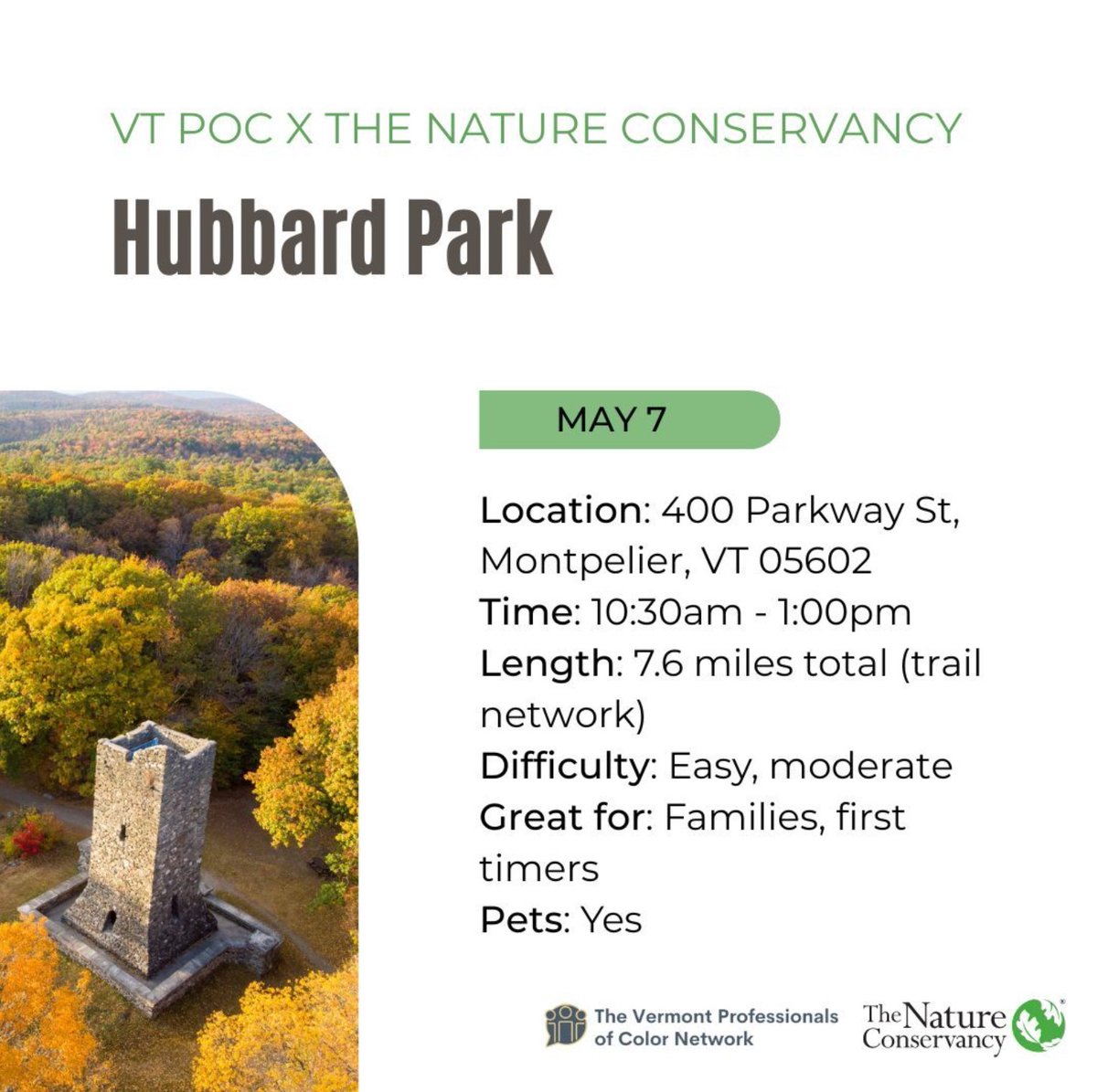 Our second outing of the year with <a href="/vtpoc_network/">Vermont Professionals of Color Network</a> is coming up! Sign up for the May 7 walk at Hubbard Park in Montpelier at the link in bio. This is an affinity outing for individuals who identify as BIPOC.