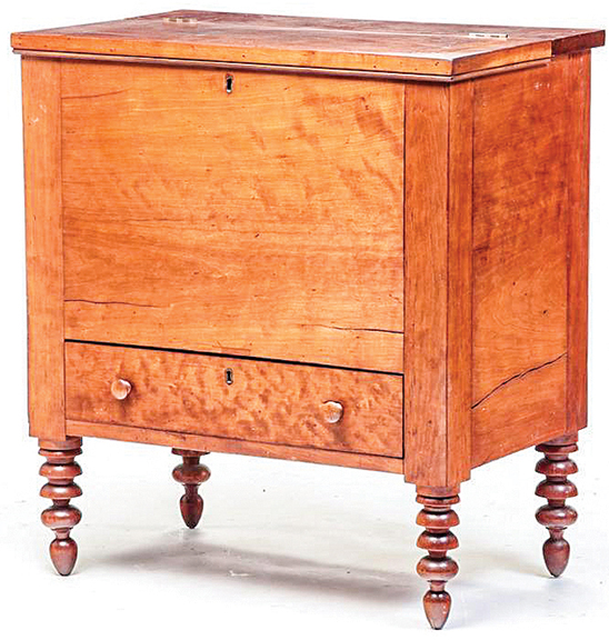 AntiqueDigest's tweet photo. Sheraton sugar chest, cherry &amp; figured cherry, possibly of Kentucky origin, 2nd quarter of the 19th century, 34" H x 31" W, refinished, sold for $2280 (est. $1500/3000) at @Garthsauctions https://t.co/li3UrguSRW  #antiques #antique #Americana #Kentucky #sugarchest #furniture https://t.co/M1b8YIcTDN