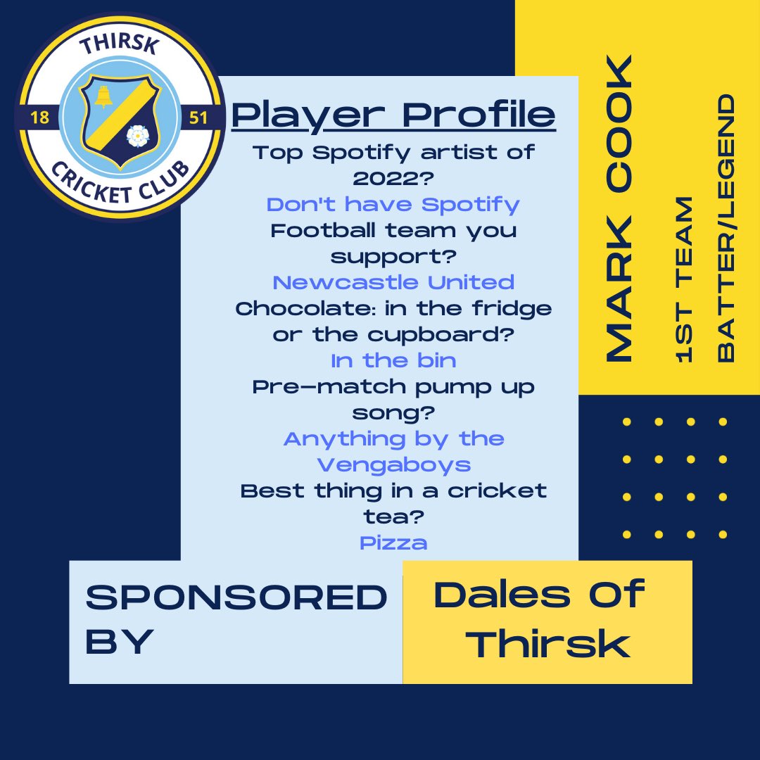 Our first player profile of the 2023 season is Mark Cook, who is sponsored by <a href="/DalesOfThirsk/">Dales Of Thirsk</a>

Cooky is a first team legend, having been with the club since he was a junior, as well as coaching most of the current first team through juniors too. #WeAreThirsk