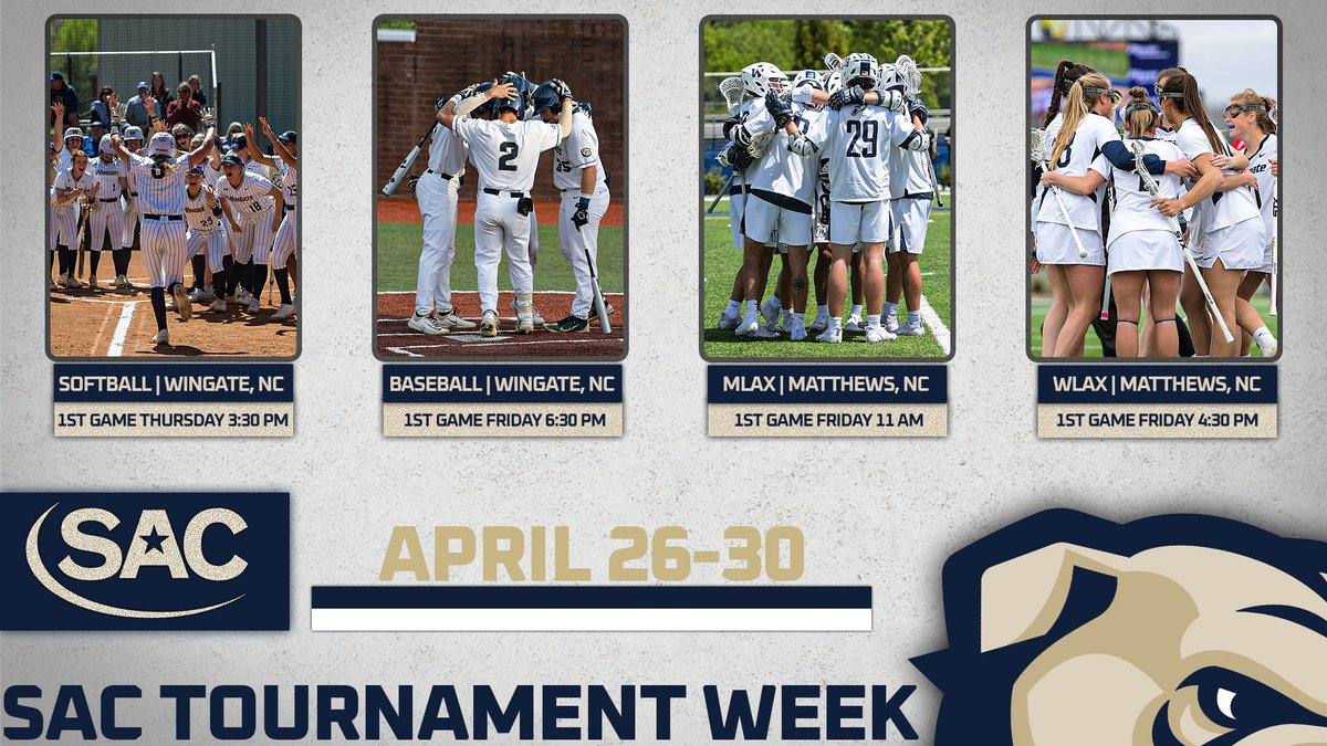SAC TOURNEY WEEK!! 🥎🥍⚾️ Plenty of action this week, with #WINgate hosting SAC Softball & Baseball Tourneys and both lacrosse teams in Matthews! #WUSB starts Thursday at 3:30 #WUMLAX starts Friday at 11 AM #WUWLAX starts Friday at 4:30 #WUBSB starts Friday at 6:30 #OneDog