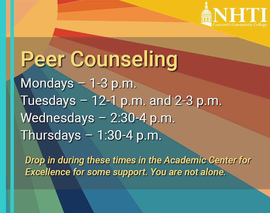 NHTI's tweet image. Everyone needs a little help sometimes. Our peer counselors are here to listen. Visit ACE during our drop-in hours, and get the support you need today.  #choosecommunity #reachoutforhelp #peercounseling