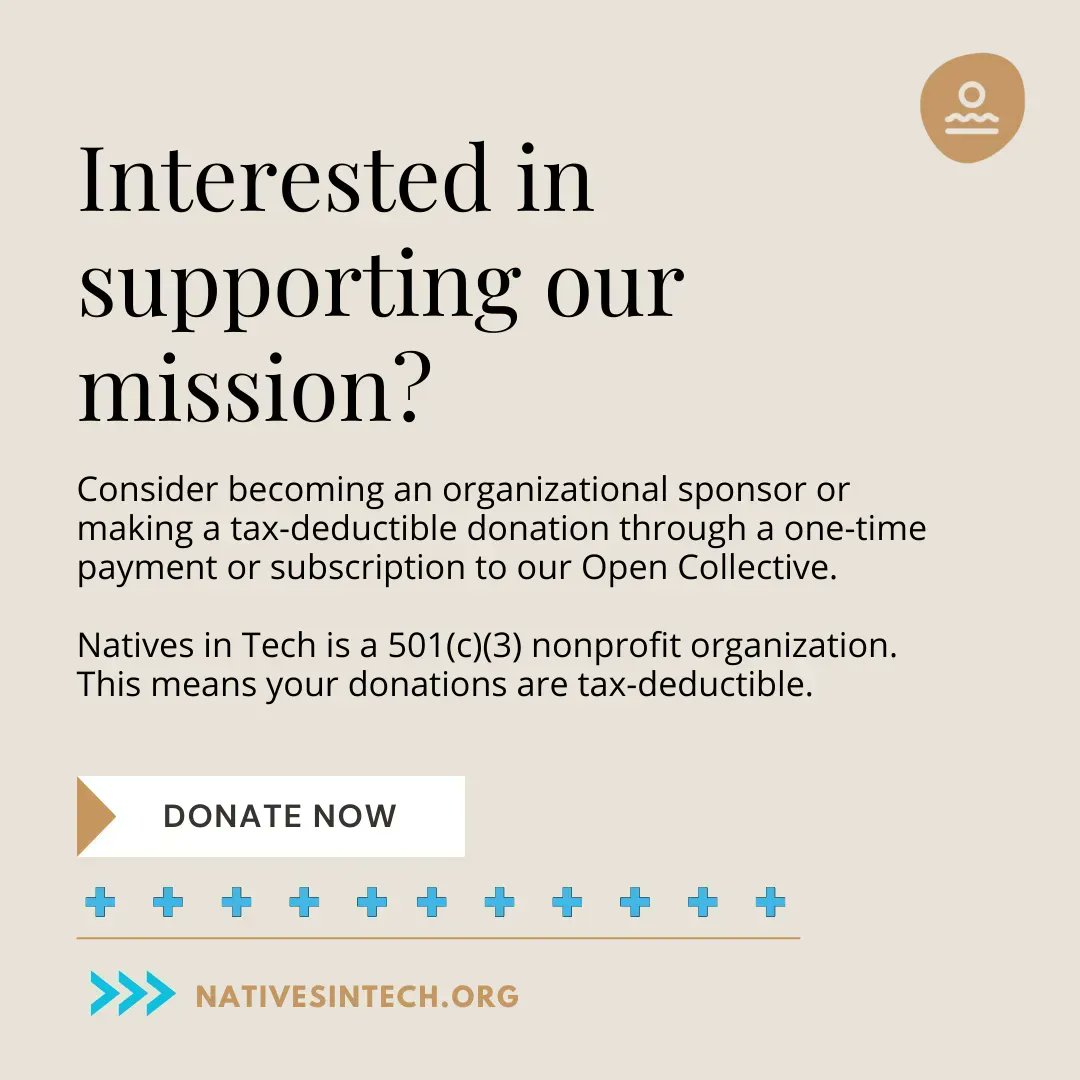 nativesintech's tweet photo. Interested in supporting our mission? Consider becoming an organizational sponsor, one-time payment donation, or subscription to our Open Collective. Natives in Tech is a 501(c)(3) nonprofit organization. #Indigenouspeoples #nativesintech
✨ https://t.co/JQMweJNhCX https://t.co/HblNy6LwX2