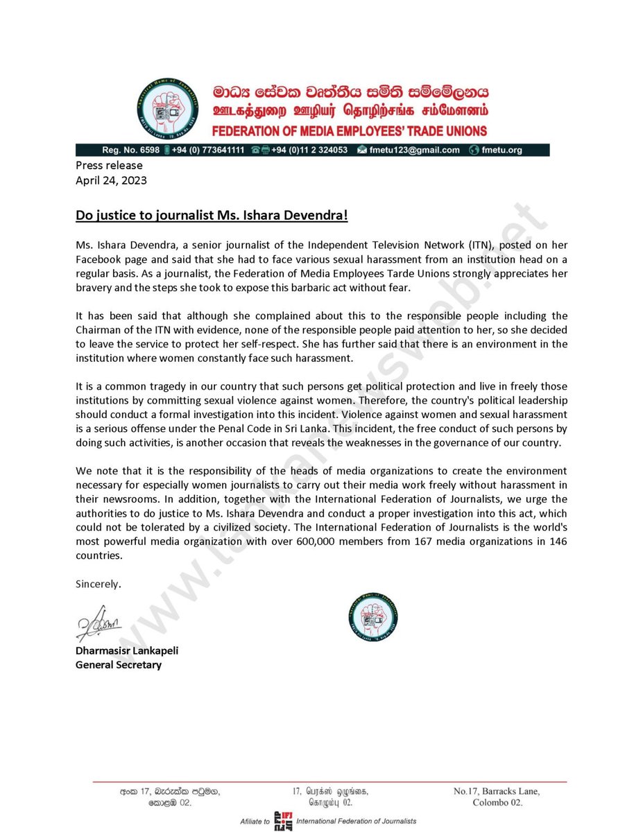 I stand in solidarity with Ishara Devendra. I was 15 when I first stepped into ITN - I am not the least surprised by these horrendous experiences Ishara has bravely shared. I still remember how we were warned about male higher ups + about ensuring we go with a female producer