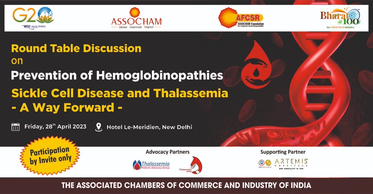 ASSOCHAM4India's tweet image. Don't miss the "Round Table Discussion on Prevention of #Hemoglobinopathies - #SickleCellDisease and #Thalassemia: A way forward." Join us for insightful discussions on preventing hemoglobinopathies. 

🗓️:28 April
📍: New Delhi

 #Prevention #Healthcare

@g20org,@HospitalArtemis