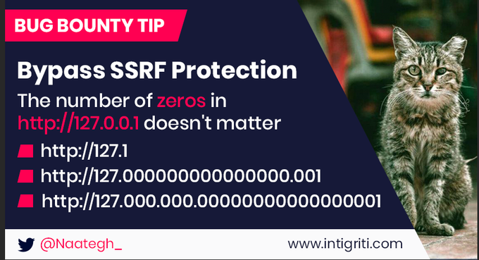 bug_bounty_tips's tweet photo. This is your weekly reminder that you can use any arbitrary amount of 0️⃣'s in an IP address to bypass SSRF blacklists. Thanks for the #BugBountyTip, @naategh_! 👌 https://t.co/YtJz6ts3m3