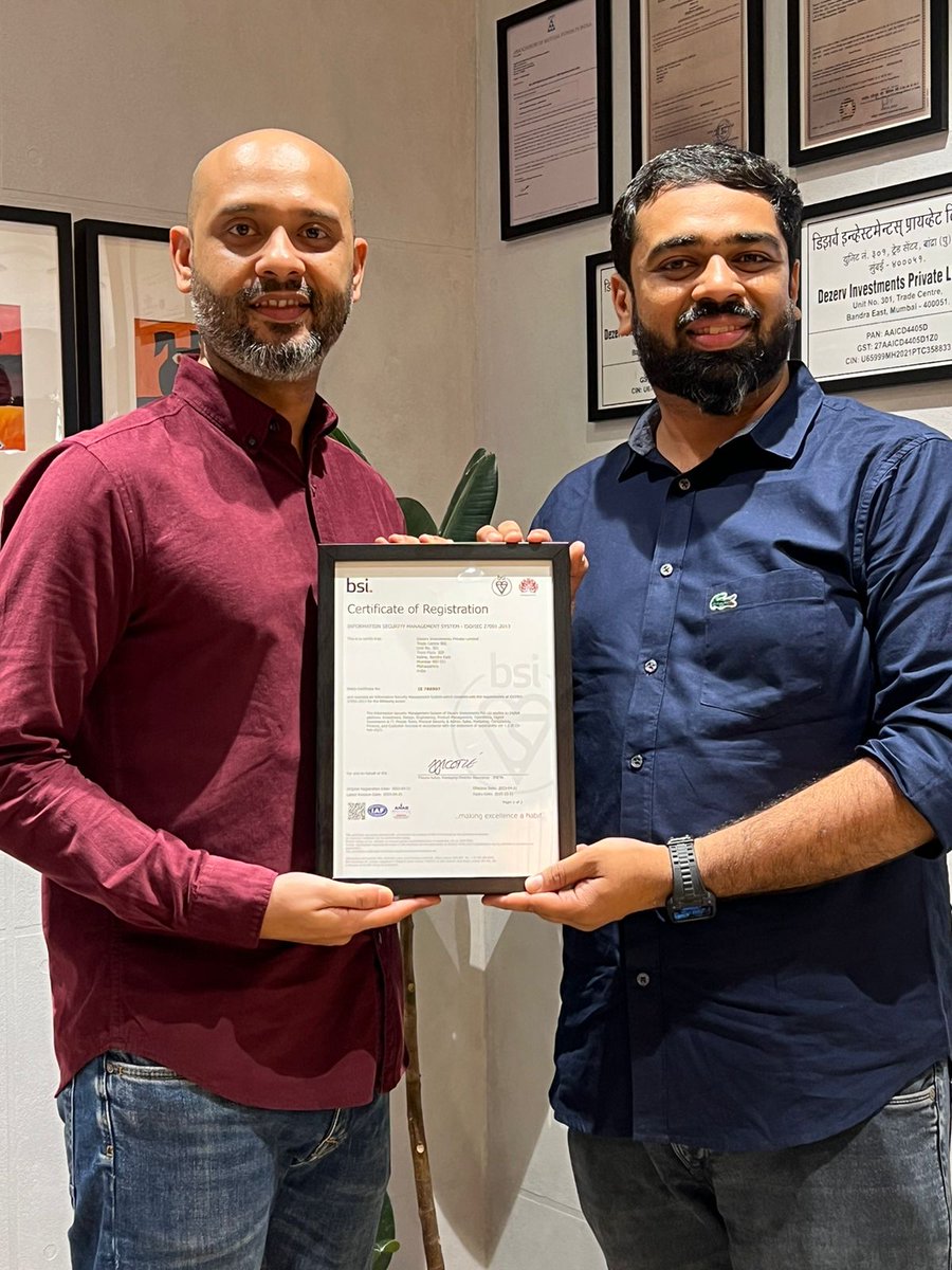 sandeepjethwani's tweet photo. It gives me great pride to announce that @DezervHQ  is now ISO/IEC 27001:2013 certified.

As we achieve one more milestone, I am eternally grateful for our team that truly steps up for any challenge or new initiative that is taken up. https://t.co/IZDOgN9n8V