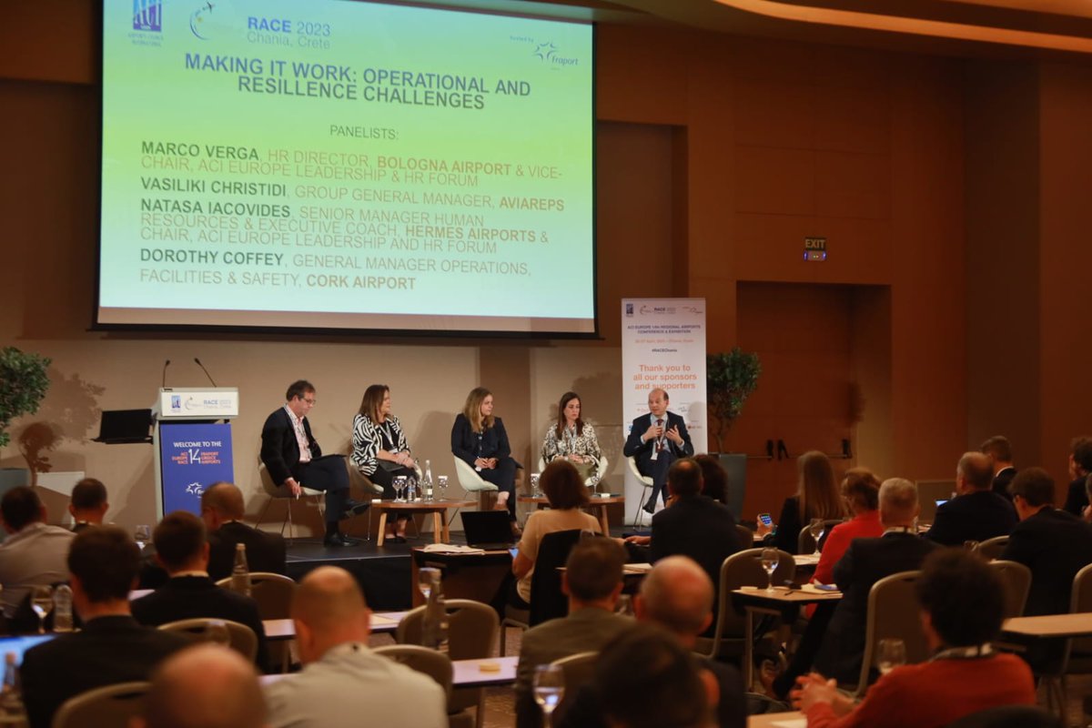 ACI_EUROPE's tweet photo. Making it work 🔧 our people experts from European airports @CyprusAeropolis @BLQairport @CorkAirport and ground handlers @Aviareps_Group spoke about their ongoing projects to attract and retain talent, and increase diversity and appeal of aviation jobs. #RACEChania https://t.co/GoCjDRq3Q1