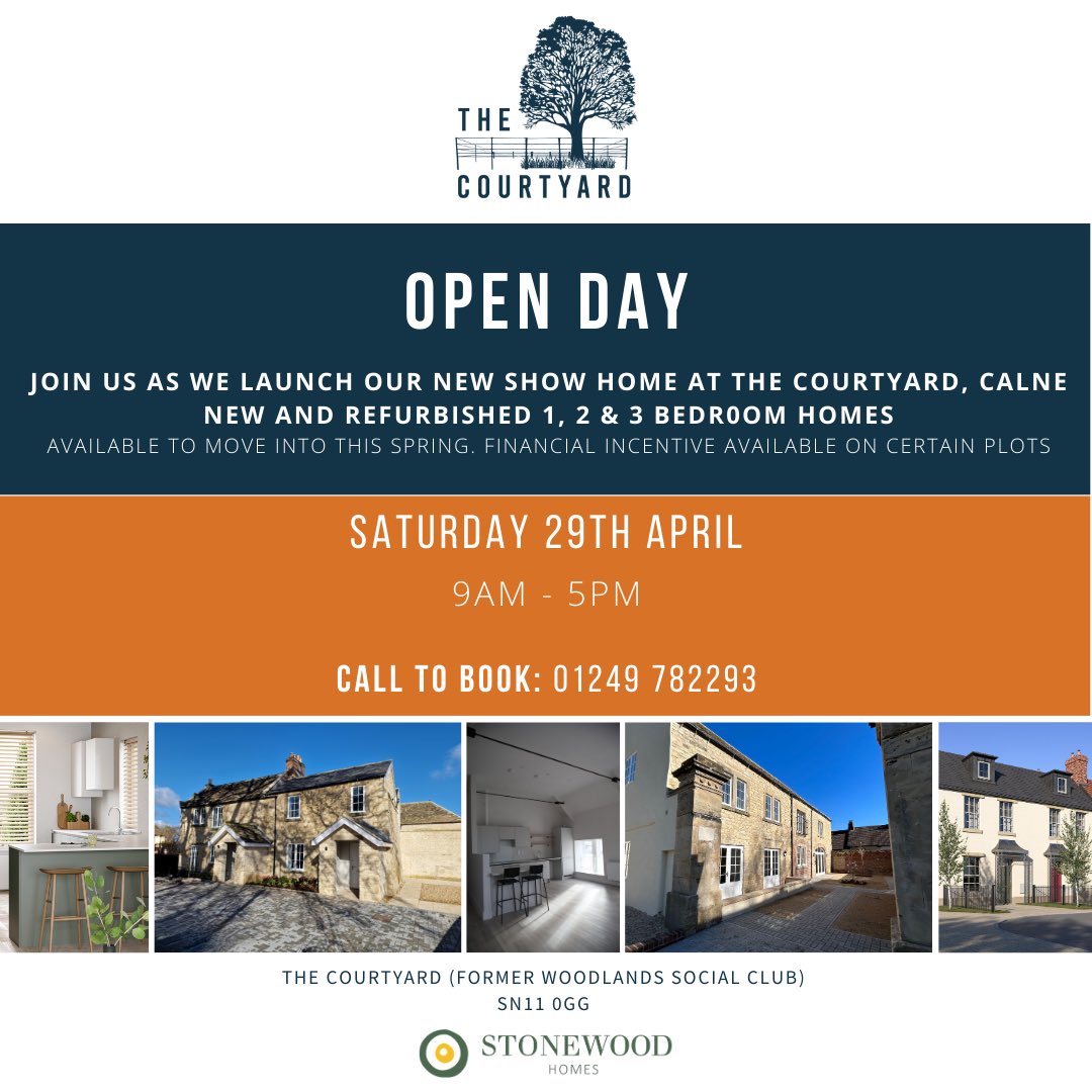 🏡 OPEN DAY 🏡 
Join us this weekend as we launch our new show home at The Courtyard, Calne.
New and Refurbished 1, 2 &amp; 3 bedroom homes available to move into this Spring.

🗓️ SATURDAY 29th APRIL
⏰ 9am - 5pm
📞 01249 782293
📧 thecourtyard@stonewoodhomes.co.uk
📍SN11 0GG