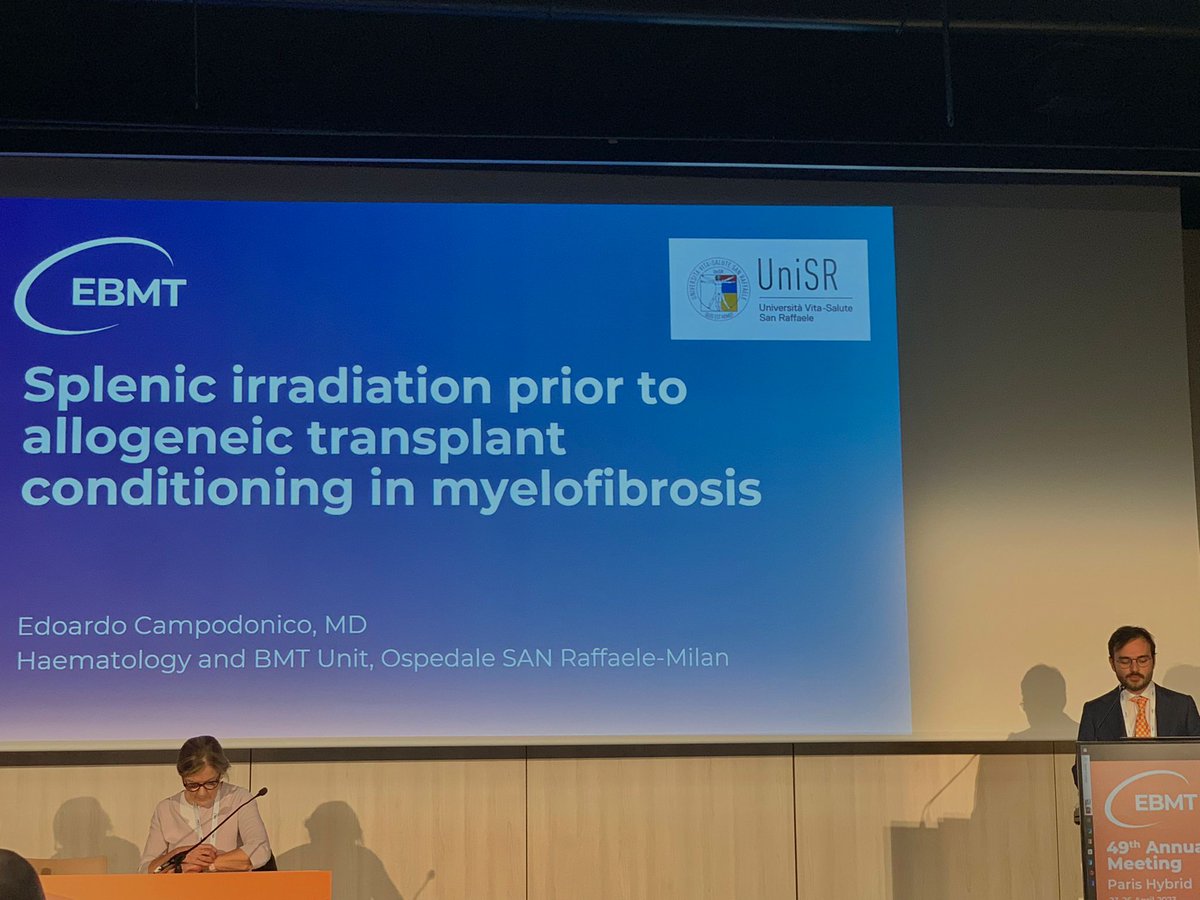 AcerbisAndrea's tweet photo. Splenic irradiation prior to conditioning in MF ❗️ 
Great presentation by Dr. Edoardo Campodonico from @MyUniSR at #EBMT23 @RaffaellaGrecoM @lupo_mt @CiceriFabio @TheEBMT @TheIACH @Mohty_EBMT https://t.co/hw5OtscX7r