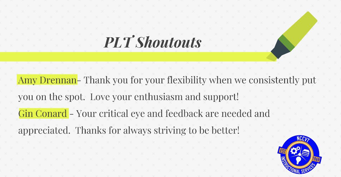 Throughout the rest of the school year, the NCCVT Team would like to recognize the efforts of our Professional Learning Team Members. They are proof that #NCCVTWorks <a href="/AmyDrennan99/">Amy Drennan</a> <a href="/shanta_reynolds/">Shanta Reynolds</a> <a href="/Supt_Jones/">Joseph Jones</a> @NCCVoTech <a href="/St_GeorgesTHS/">St. Georges THS</a>