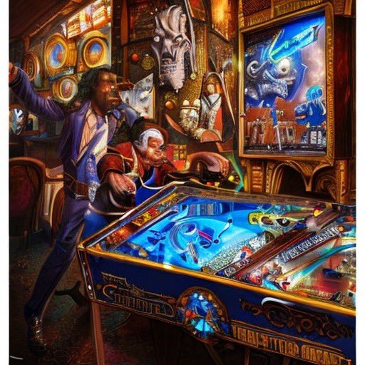 5thLounge's tweet photo. AI created art. “The Duke of Detroit and Chuck the Wizard play a pinball machine called the 5th Dimension Lounge”. #aiart #5DL #pinball https://t.co/pQNVfUyfOa