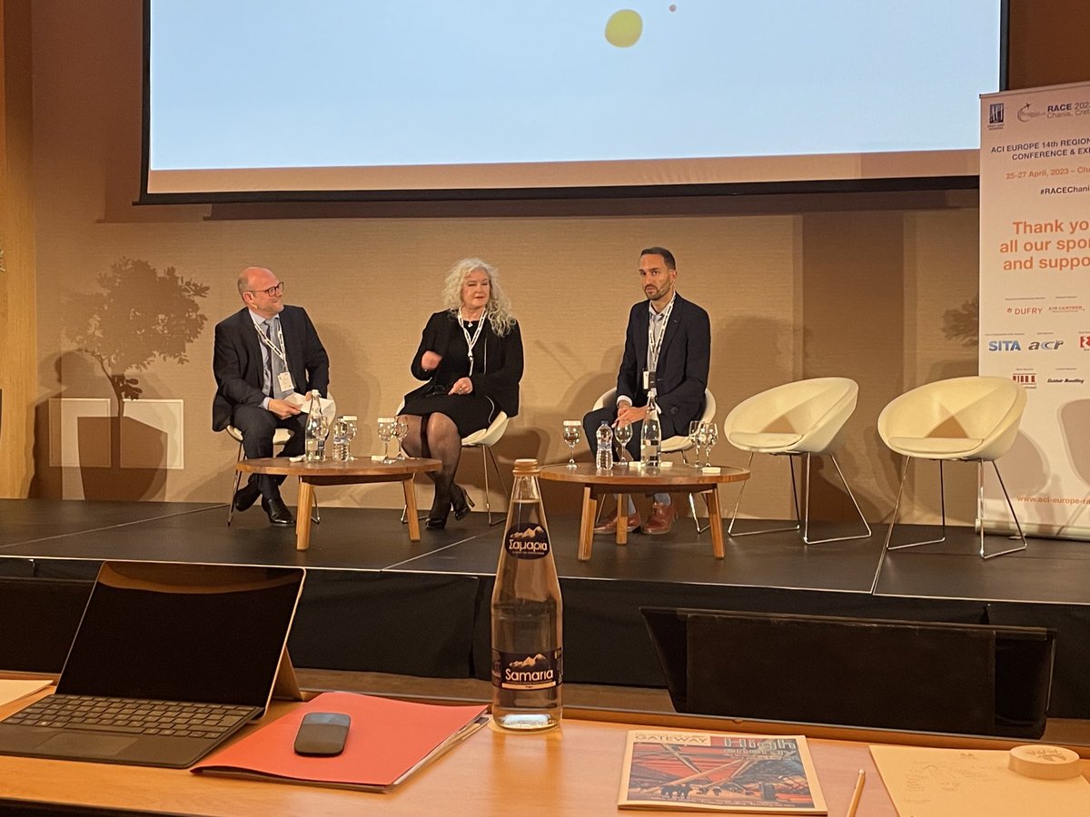 RegionalGateway's tweet photo. Bert Verschuren @SITAonline, Alison Fitzgerald @LondonCityAir and Pablo Lopez Loeches @aena discuss R&D and digitalisation for airports during ACI’s #RACEChania https://t.co/ByUYMQQfzh