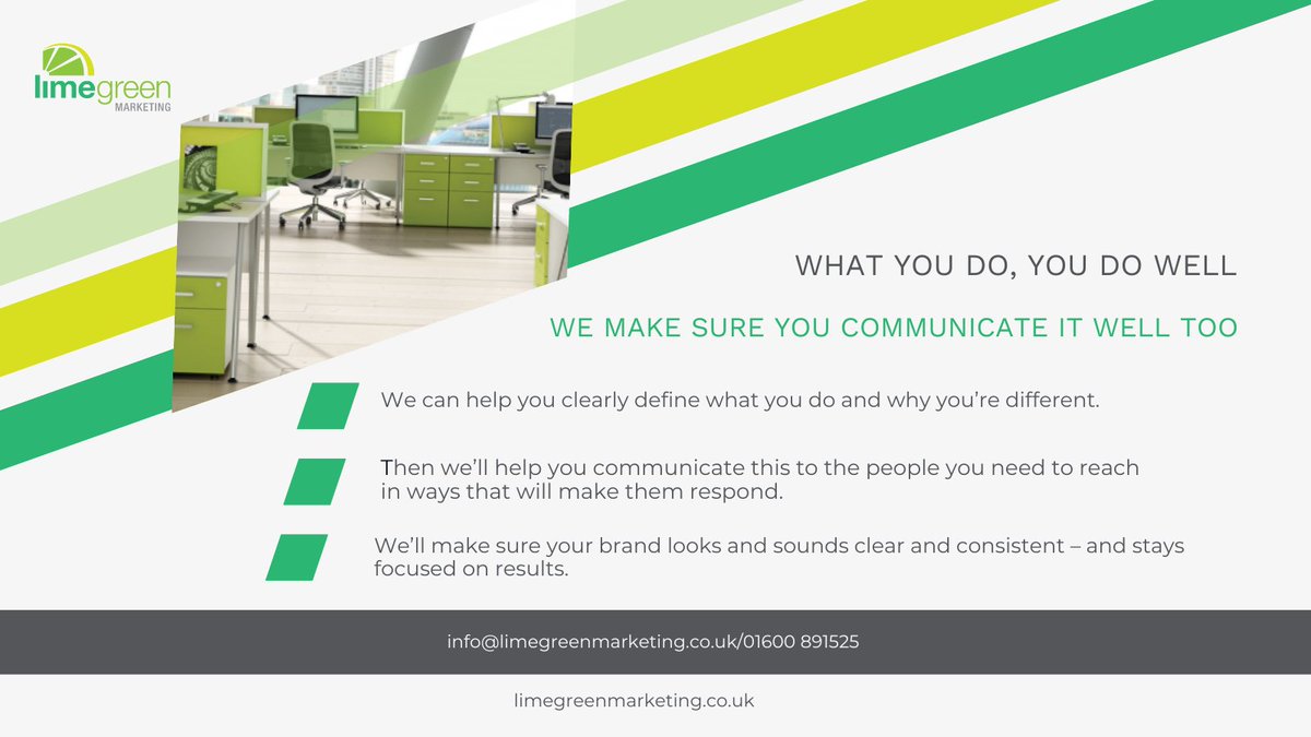 We can help you define what you do &amp; why you’re different. Then we’ll help you communicate this to the people you need to reach in ways that will make them respond. 

We’ll make sure your #brand looks and sounds clear and consistent – and stays focused on results.

#brandstrategy