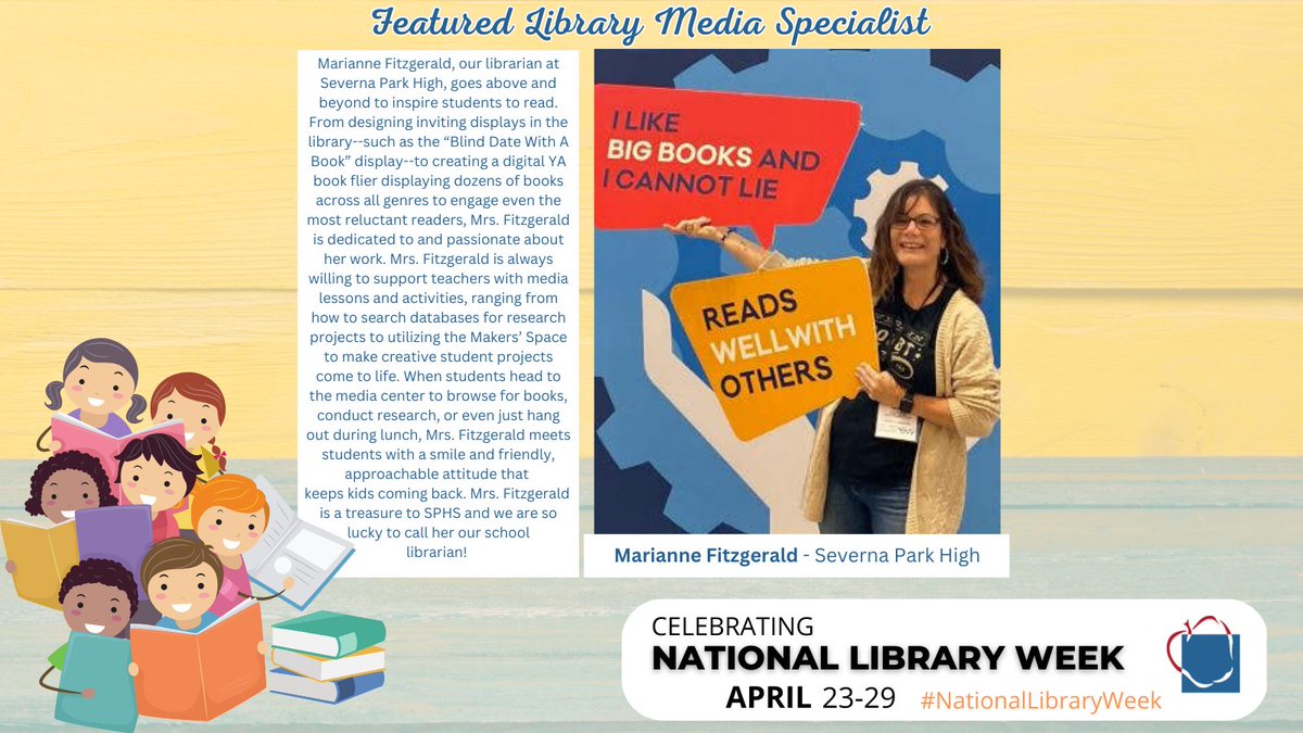 AACountySchools's tweet photo. Featured Library Media Specialist Marianne Fitzgerald @SevernaParkHS
#NationalLibraryWeek https://t.co/bvHnUCCj2k