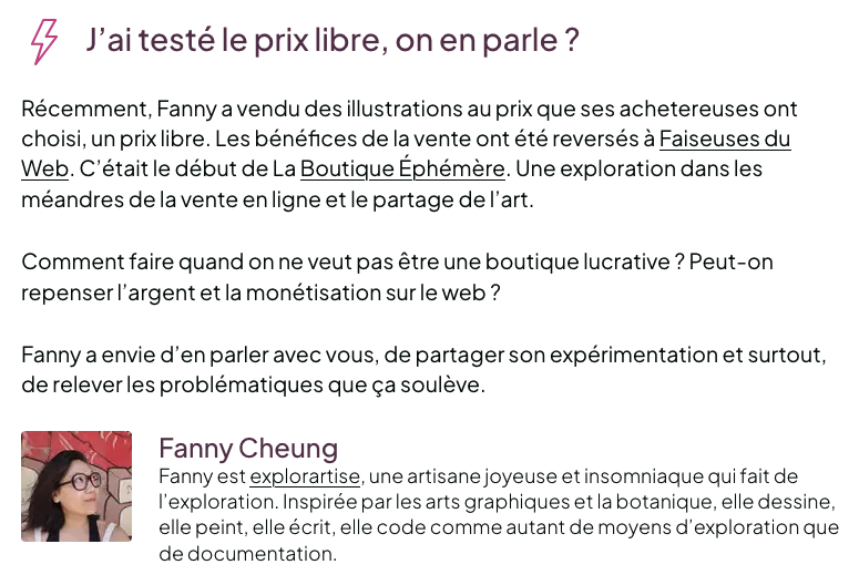 Petit tour du programme : J'ai testé le prix libre, on en parle ? par Fanny Cheung, à #SudWeb 2023. #prixLibre

Un sujet étonnant — parmi d'autres —  à Sud Web, inscrivez-vous : sudweb.fr/2023/billetter…