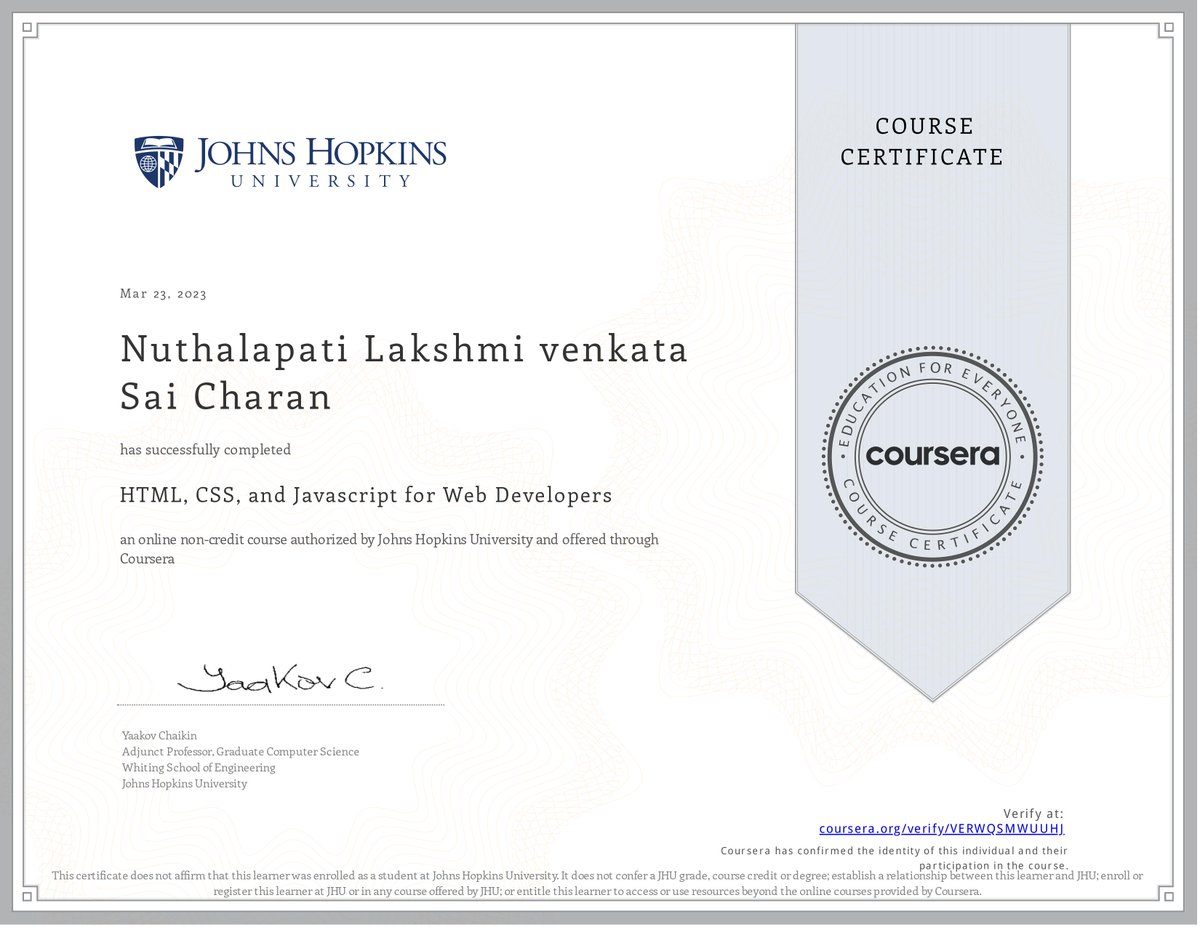 Charan_1_7's tweet photo. Certification on HTML,CSS,and JavaScript for Web Developers #scset #webtechnology #bennettuniversity #cse #html #css #javascript https://t.co/wPYzTwsQgG