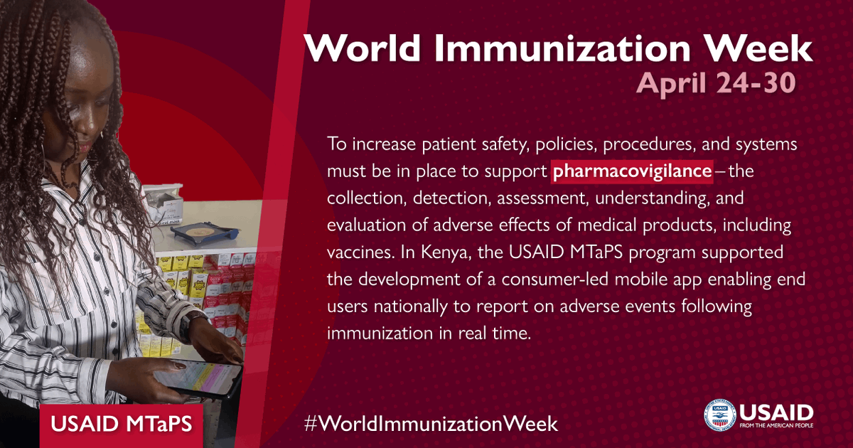 This #WorldImmunizationWeek, we highlight a <a href="/USAIDGH/">USAID Global Health</a> MTaPS-supported mobile app that enables users to report on adverse events following #immunization in real-time from anywhere in #Kenya  (learn more» ow.ly/7yr650NTCW5). 

<a href="/MOH_Kenya/">Ministry of Health</a> <a href="/USAIDKenya/">USAID Kenya</a> <a href="/ppbkenya/">Pharmacy and Poisons</a>