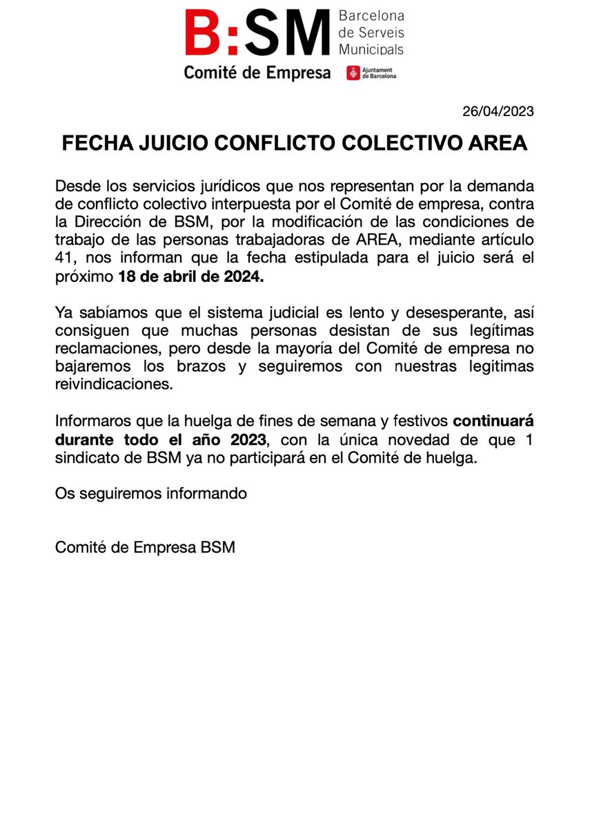 📣 Ya hay fecha para el conflicto colectivo que interpusimos contra la decisión unilateral de modificar las condiciones laborales al personal de AREA. Será el 18/04/2024. Continuamos con la #Huelga de fines de semana y festivos #Vaga #BarcelonadeServeisMunicipals