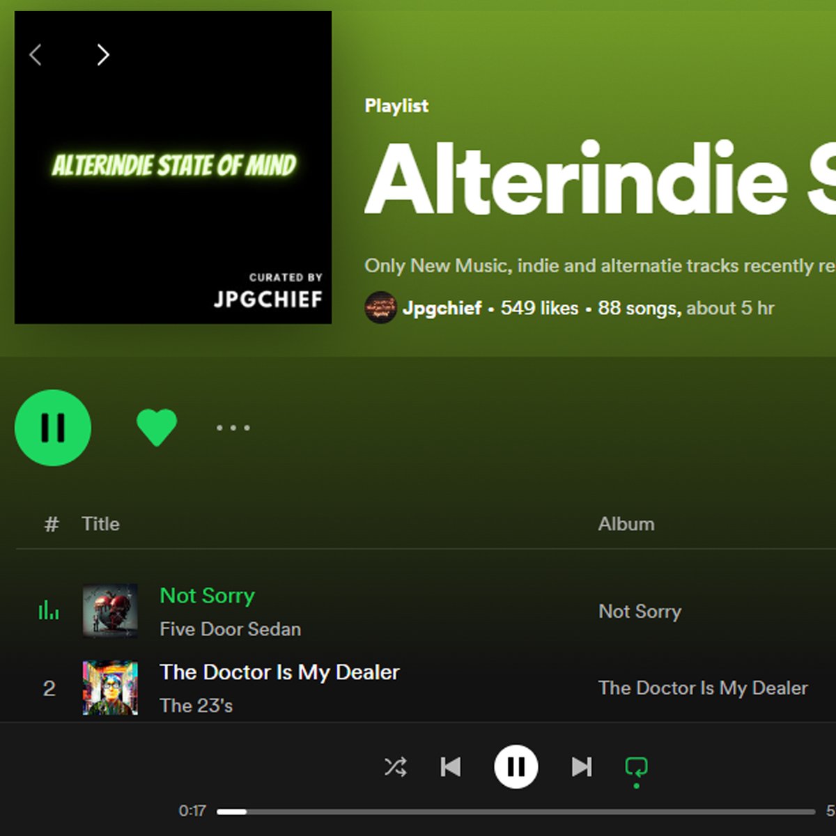 Thanks @Jpgchief for add to #alterindiestateofmind playlist #Spotify

(link) open.spotify.com/playlist/55m0c…

#The23s #thedoctorismydealer #NewRelease #NewArtist #NewMusic #23s #SpotifyPlaylist #playlistcurator #jpgchief #indierock #musician #bassist #guitarplayer #vocals  #sheffield #RT