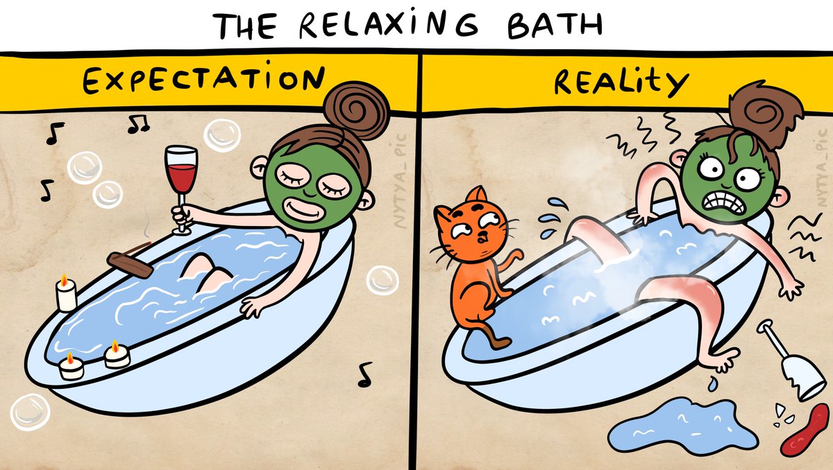 Animatka's tweet photo. The relaxing bath: expectation VS reality 😂😂

#expectationVSreality #comics #catlovers #art https://t.co/VnB4LVid5k