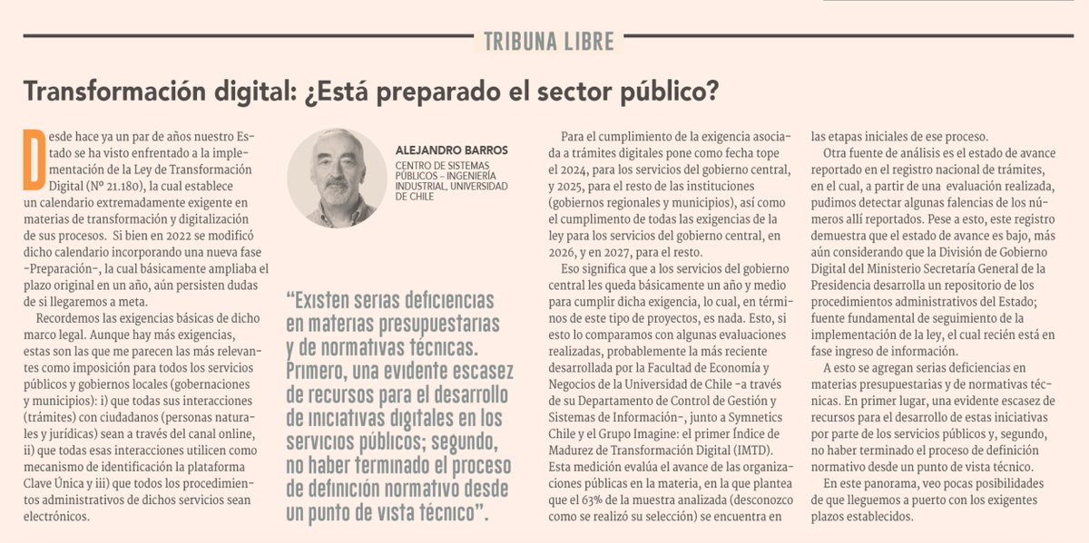 csp_uchile's tweet photo. | Opinión | Te invitamos a leer la columna de nuestro @abarros, donde manifiesta su preocupación respecto a los plazos de la Ley de Transformación Digital del Estado, por falta de recursos y del proceso de definición normativo.
Léela 👉 https://t.co/57yR9OW4V8 https://t.co/AIpdLa9DrM