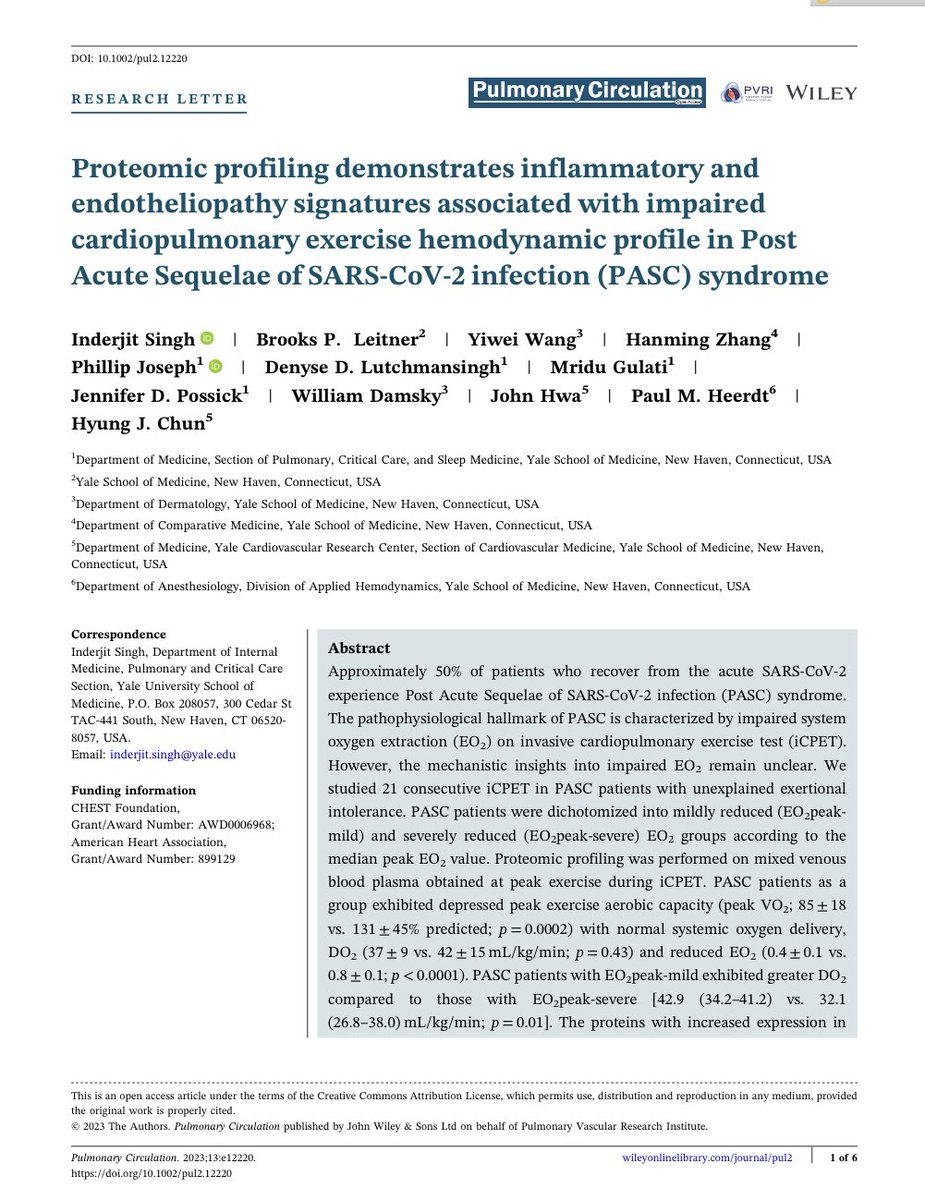 Proteomic profiling demonstrates inflammatory and
endotheliopathy signatures associated with impaired
cardiopulmonary exercise hemodynamic profile in Post
Acute Sequelae of SARS‐CoV‐2 infection (PASC) syndrome #LongCOVID 
onlinelibrary.wiley.com/doi/pdf/10.100…