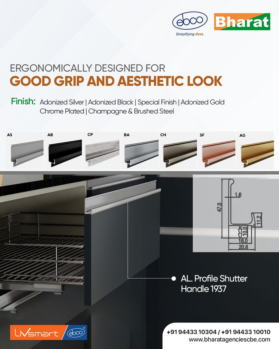 bharat_agency1's tweet photo. #Livsmart AL. #ProfileShutterHandle 1937 from #BharatAgencies gives you firm control over the #kitchendrawer push/pull forces.

https://t.co/lCkZmylgnx / https://t.co/FxTJdLROt2

9443310304

#Ebco #SimplifyingLives #LiveEffortless #Worksmart #ShutterHandle #ALShutterHandle https://t.co/SdjytLYte8