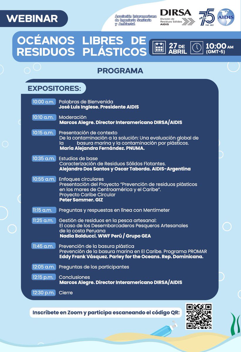 Les invitamos al webinar: Océanos libres de residuos plásticos.
⏰ 10:00 hr Panamá 🇵🇦 
Ver agenda y código QR para conectar 👇🏻