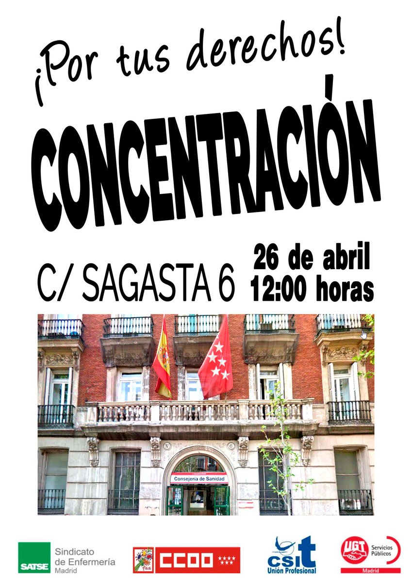 SATSE_Madrid's tweet photo. ¡¡VEN a Sagasta 6!!
Hoy a las 12:00 nos concentramos frente a la Consejería de Sanidad para seguir presionando por tus derechos.
#35HorasYA‼ #SanidadPública https://t.co/hakVJsp5n2