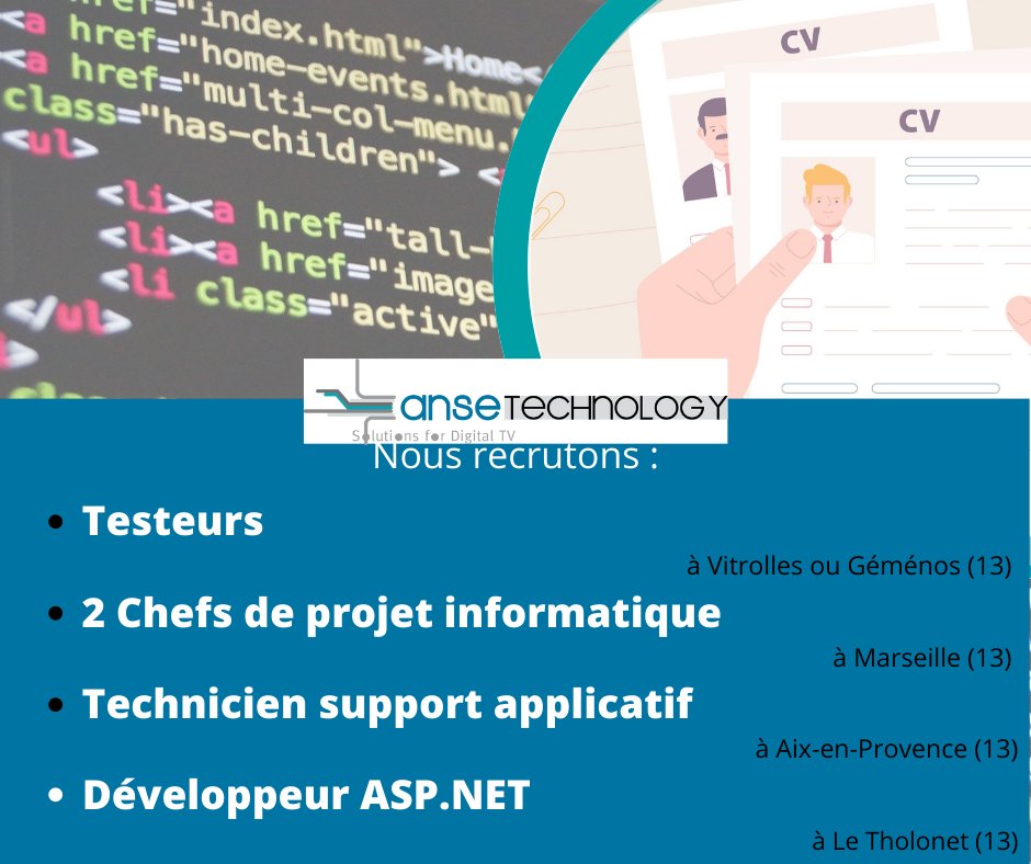 AnseTechnology's tweet image. Anse Technology recrute ! 💼

Nous recherchons des testeurs 
👉🏼 lnkd.in/eB3UV6d3

Deux chefs de projet informatique
👉🏼 lnkd.in/eKfM2N7h

Un Technicien support applicatif
👉🏼 lnkd.in/ernkrEnM

Et un Développeur ASP.NET
👉🏼 lnkd.in/eKrSdQiV