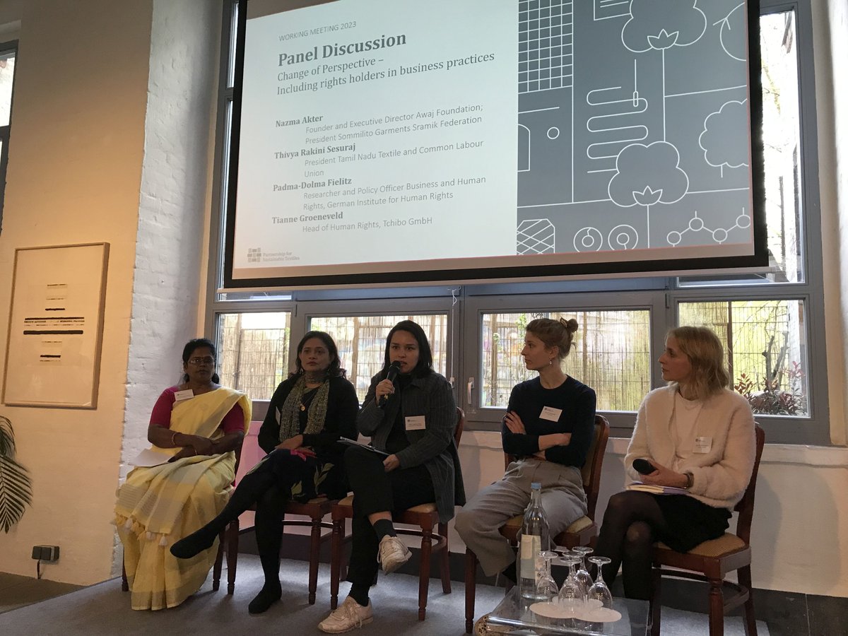 Textilbündnis/Partnership for Sustainable Textiles (@textilbuendnis) on Twitter photo The motto of today´s PST Working Meeting is "Change of Perspective". On a panel <a href="/NazmaAkter73/">Nazma Akter</a> (<a href="/Awaj_fdn/">Awaj Foundation</a>), Thivya Rakini Sesurja (<a href="/tamil_labour/">Tamil Nadu Textile and Common Labour Union</a>), Padma-Dolma Fielitz (@DIMR_Berlin) & Tianne Groeneveld (<a href="/Tchibo_presse/">Tchibo - Presse</a>) discuss how to include rights holder in business practices. The motto of today´s PST Working Meeting is "Change of Perspective". On a panel <a href="/NazmaAkter73/">Nazma Akter</a> (<a href="/Awaj_fdn/">Awaj Foundation</a>), Thivya Rakini Sesurja (<a href="/tamil_labour/">Tamil Nadu Textile and Common Labour Union</a>), Padma-Dolma Fielitz (@DIMR_Berlin) & Tianne Groeneveld (<a href="/Tchibo_presse/">Tchibo - Presse</a>) discuss how to include rights holder in business practices.