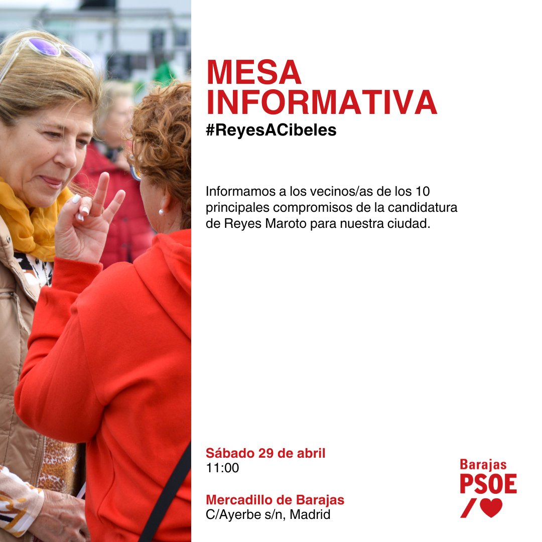 📢🗳️ ¡Ven al #MercadilloBarajas 🥬 este sábado! 

Conoce las 10 propuestas clave de <a href="/MarotoReyes/">Reyes Maroto</a> para #Madrid 🏙️ en nuestra mesa informativa.

#ReyesACibeles #DistritoBarajas #Barajas