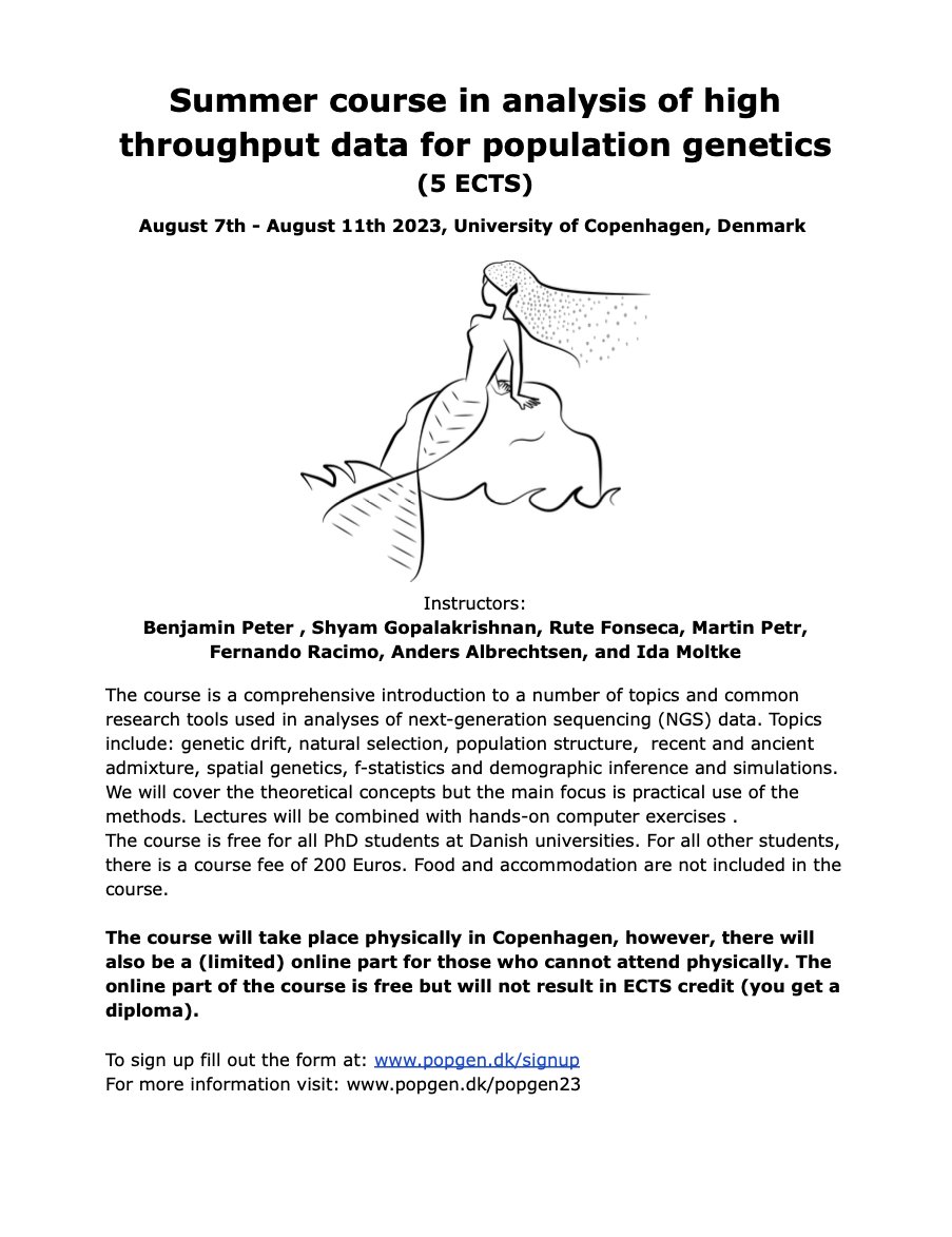 Applications are now open for our summer course in the analysis of high throughput data in population genetics! We'll cover multiple topics and tools commonly used in PopGen analyses.

Dates: 7-11 August 2023 @ University of Copenhagen
For more info: popgen.dk/popgen23/