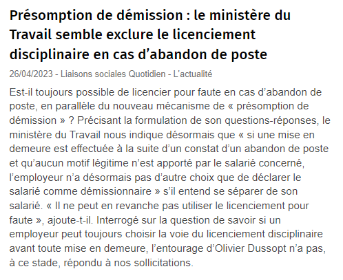 Le ministère semble exclure le licenciement pour faute en cas d'abandon de poste dès que la procédure de présomption de démission a été engagée et qu’aucun motif légitime n’est apporté par le salarié