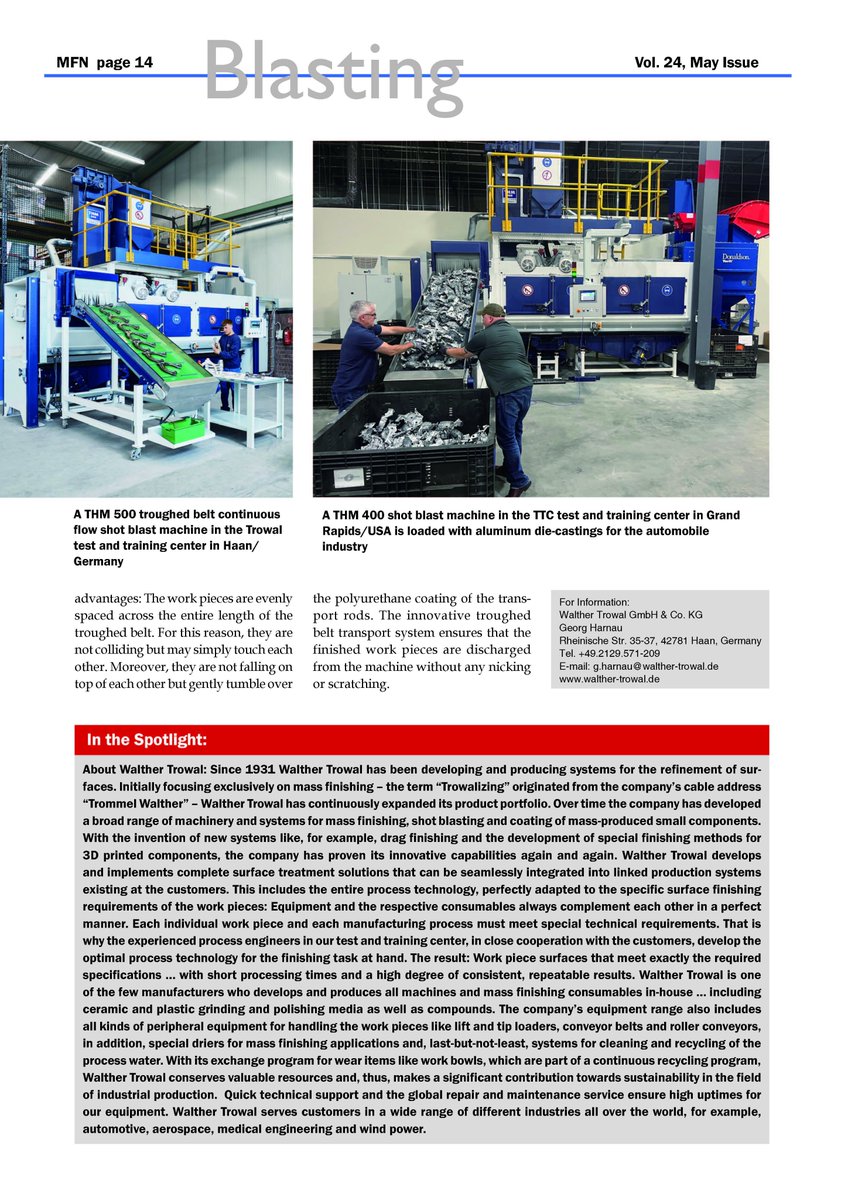 Interesting article in the May issue of MFN (Metal Finishing News) relating to the #WaltherTrowal THM continuous feed #shotblasting systems.  Come and talk to us at #GIFA2023 12th-16th June 2023 in Dusseldorf. #foundry #blasting